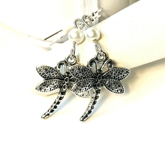 Dragonfly Earrings Silver Plated Pearl Hypo-allergenic Insect Sensitive Ears - Picture 5 of 10